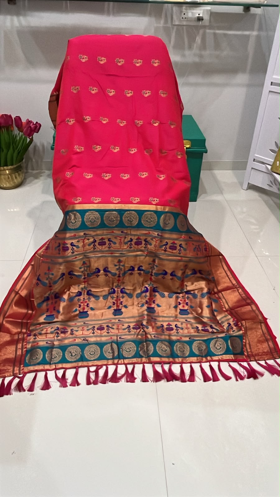 Soft Silk with Narali border and Nath Meenakari Butti all over