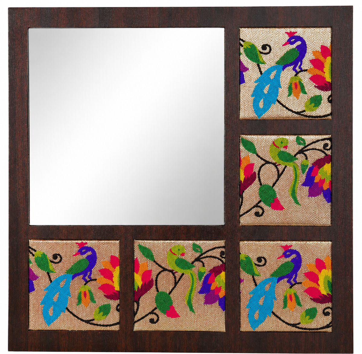 Paithani Mirror with Peacock & Parrot