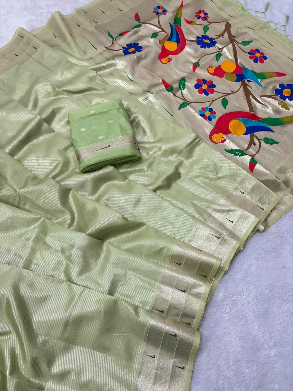 Tissue Paithani with golden lines and Tripple Muniya Border