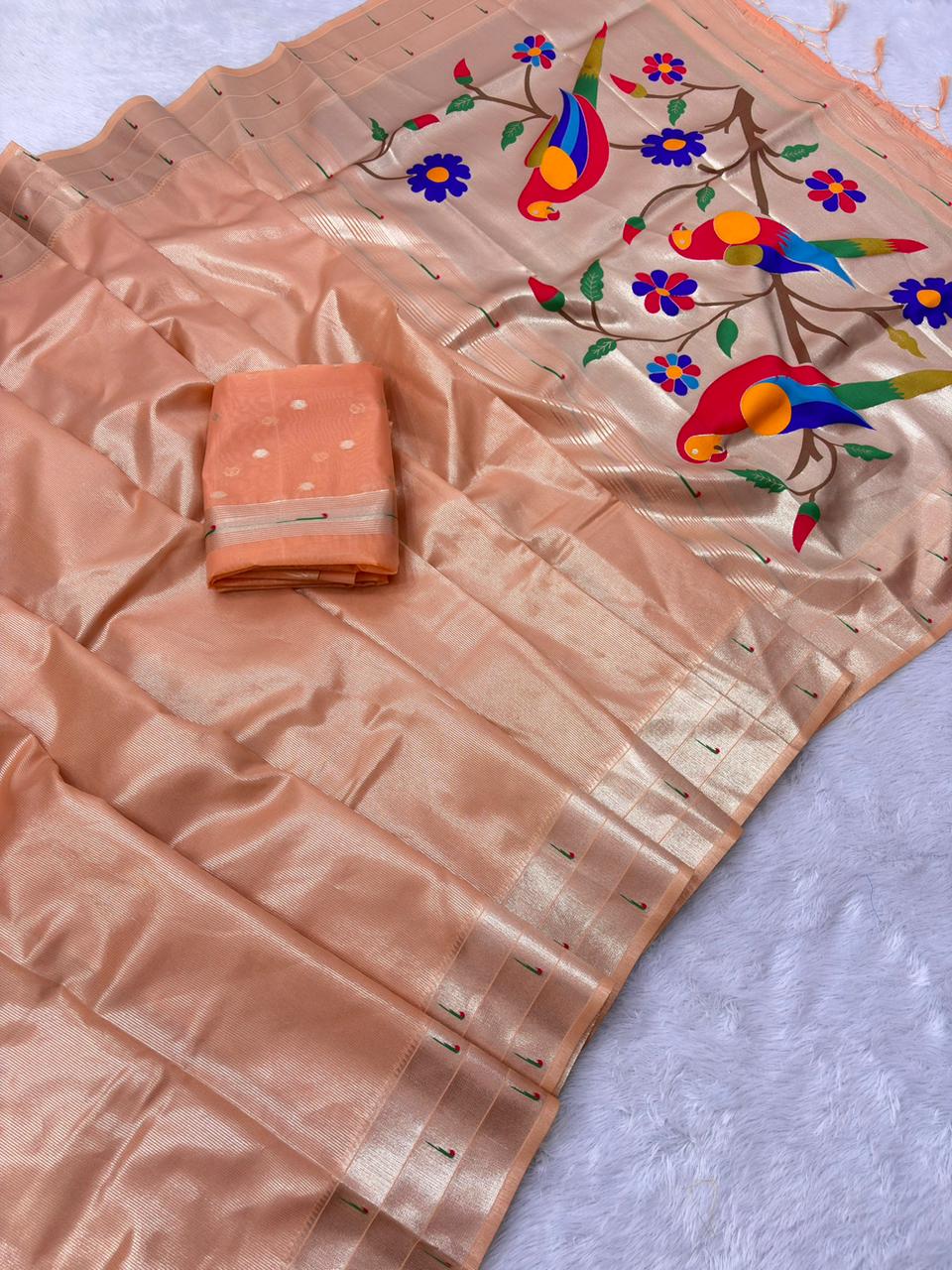 Tissue Paithani with golden lines and Tripple Muniya Border
