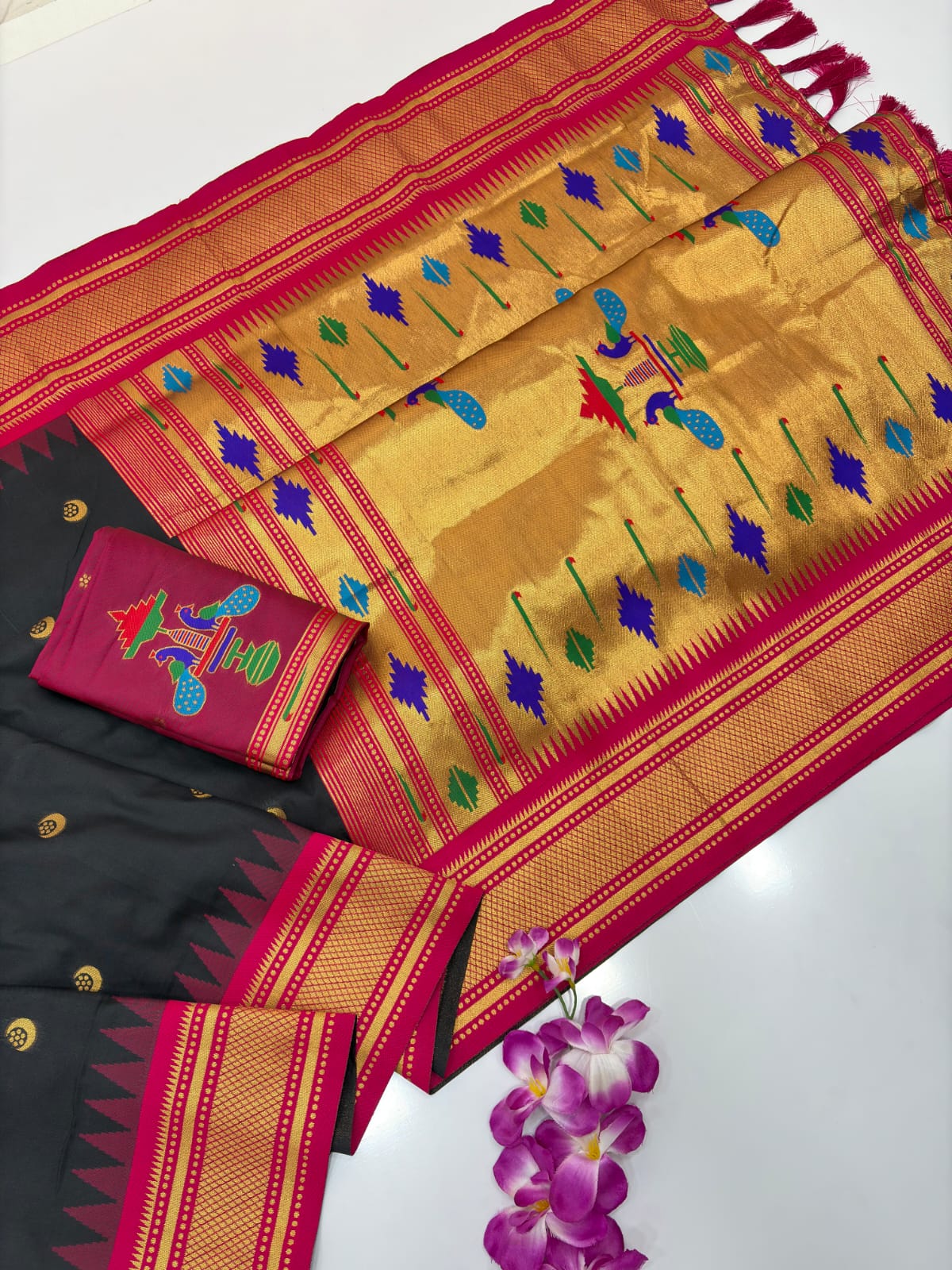 Soft Silk with Gadwal Temple Border and Gold Crescent Moon Buttis all over