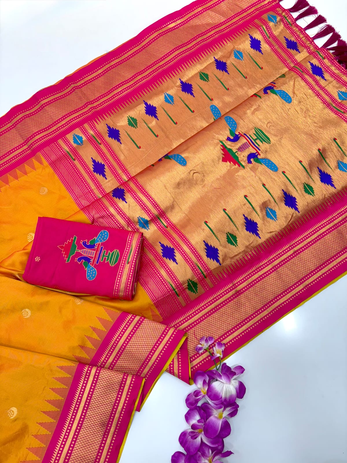 Soft Silk with Gadwal Temple Border and Gold Crescent Moon Buttis all over