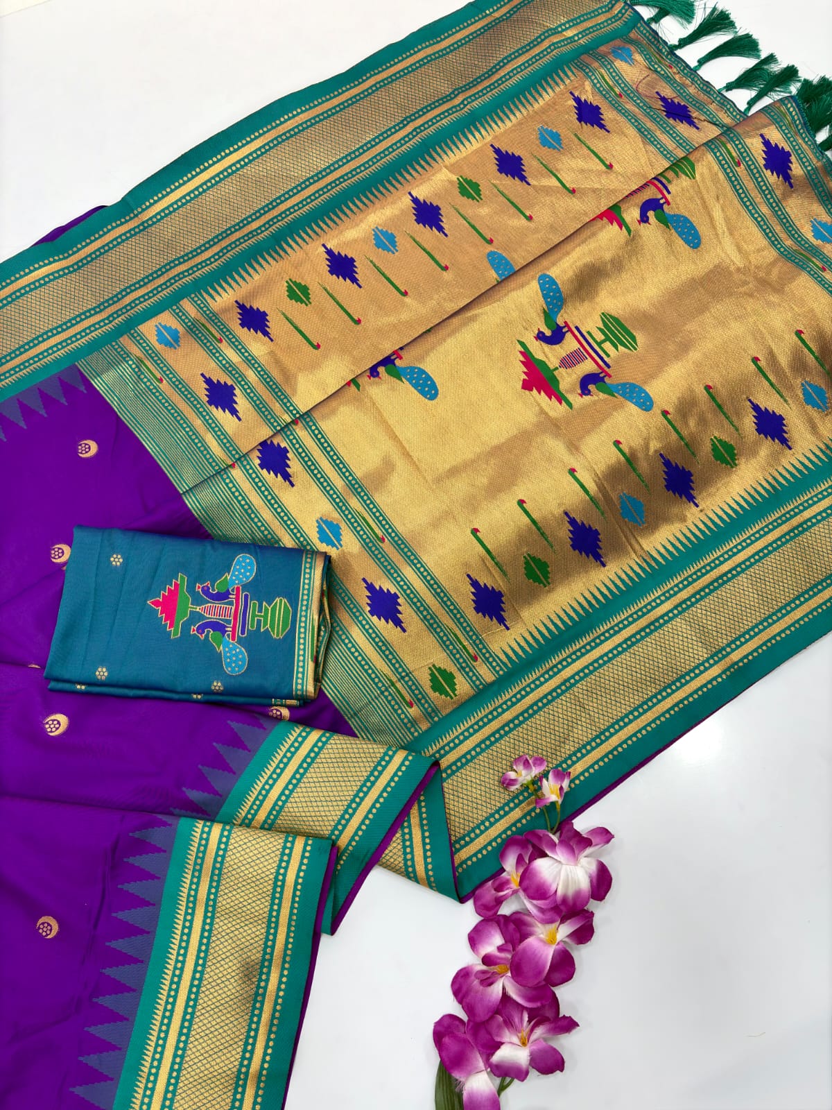 Soft Silk with Gadwal Temple Border and Gold Crescent Moon Buttis all over
