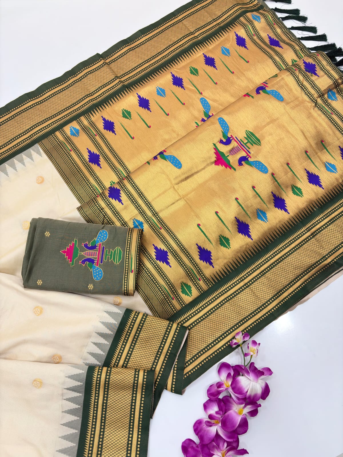 Soft Silk with Gadwal Temple Border and Gold Crescent Moon Buttis all over