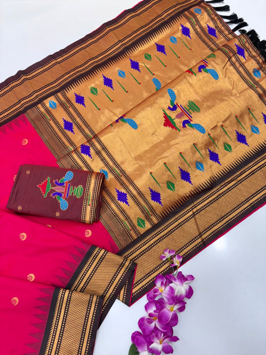 Soft Silk with Gadwal Temple Border and Gold Crescent Moon Buttis all over