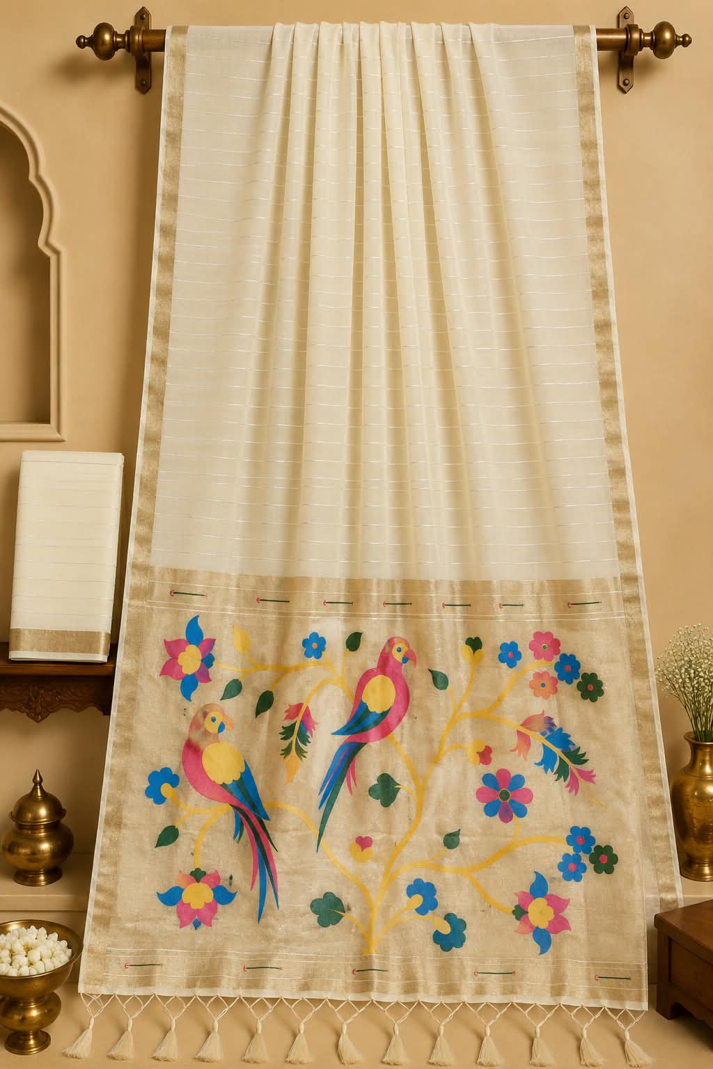 Cotton Saree with Golden Zari Border and fine Golden Line Buttis all over