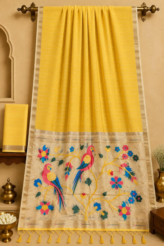 Cotton Saree with Golden Zari Border and fine Golden Line Buttis all over