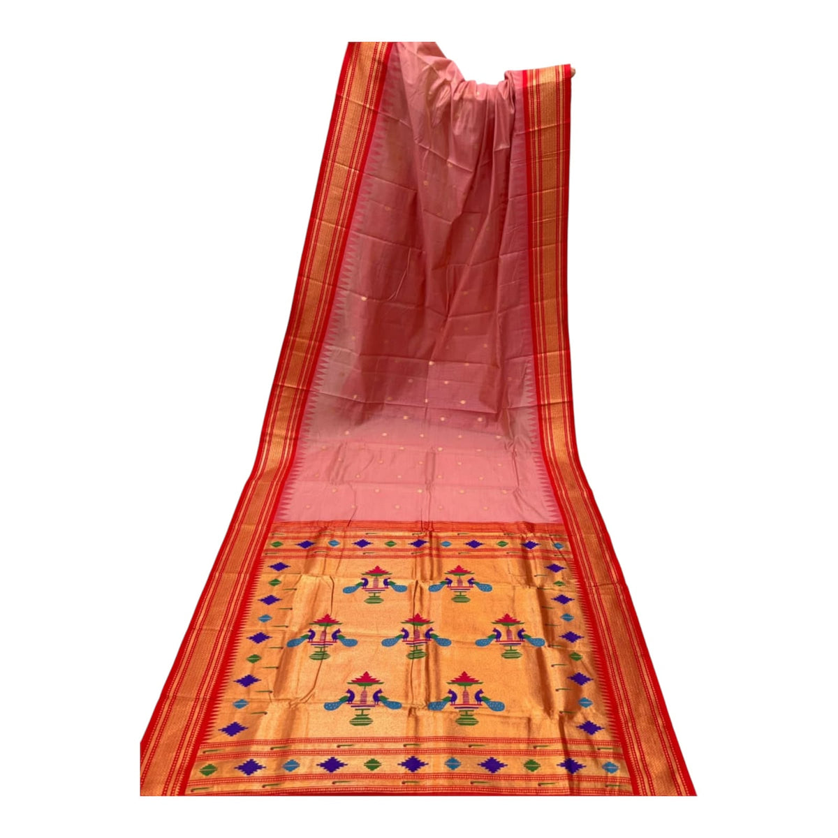 Cotton silk Paithani with narali border and small zari buttis all over